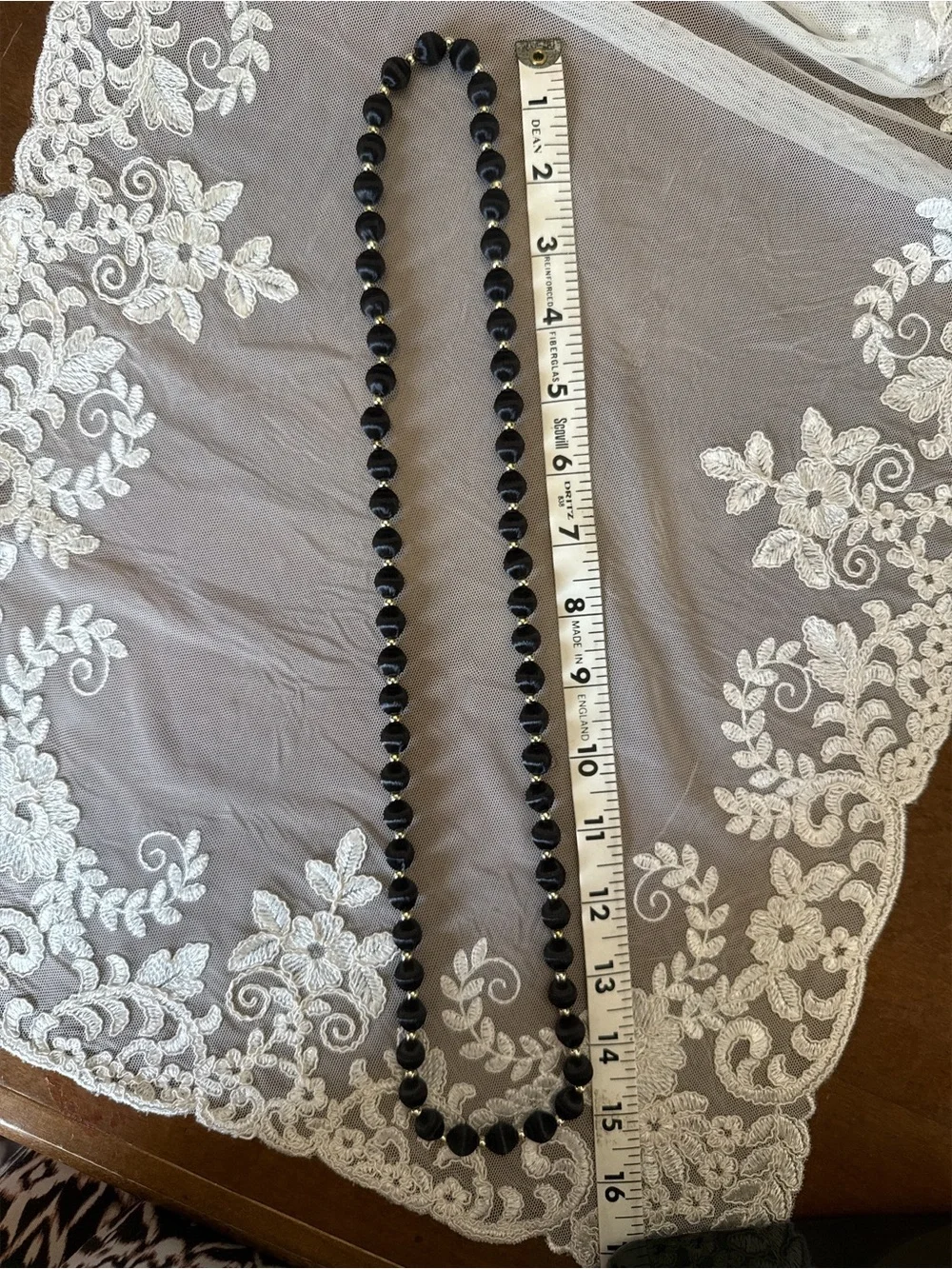 Vintage Black Satin Wrapped Bead Necklace 30” + Gold Tone Spacers 70s 80s